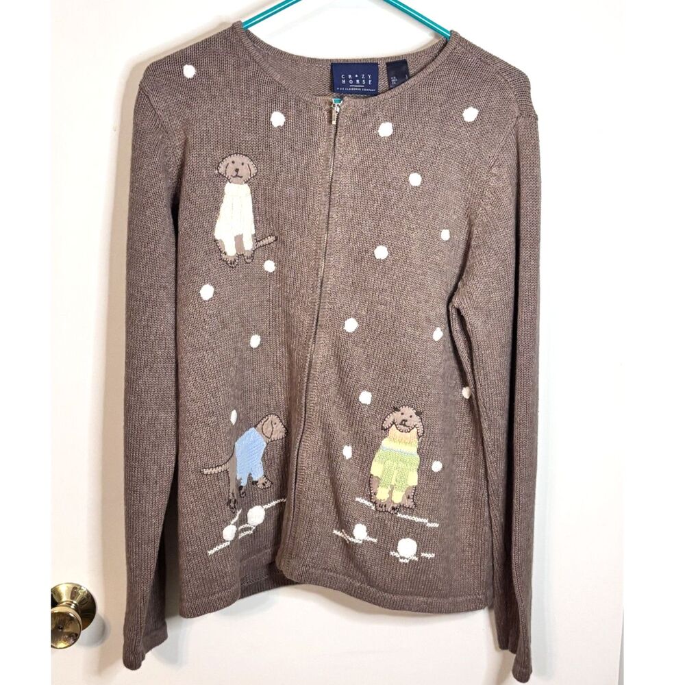 Crazy Horse Liz Claiborne Dog Winter Sweater Cardigan L Full Zip Grandma